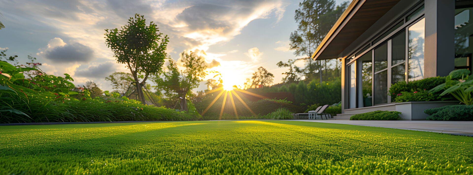 Gepflegter, sattgrüner Rasen im Garten bei untergehender Sonne, deren Strahlen über das Gras scheinen und eine warme Atmosphäre erzeugen.