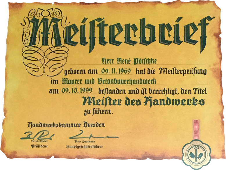 Meisterbrief von der Handwerkskammer Dresden für den Herrn Rene Pötschke
