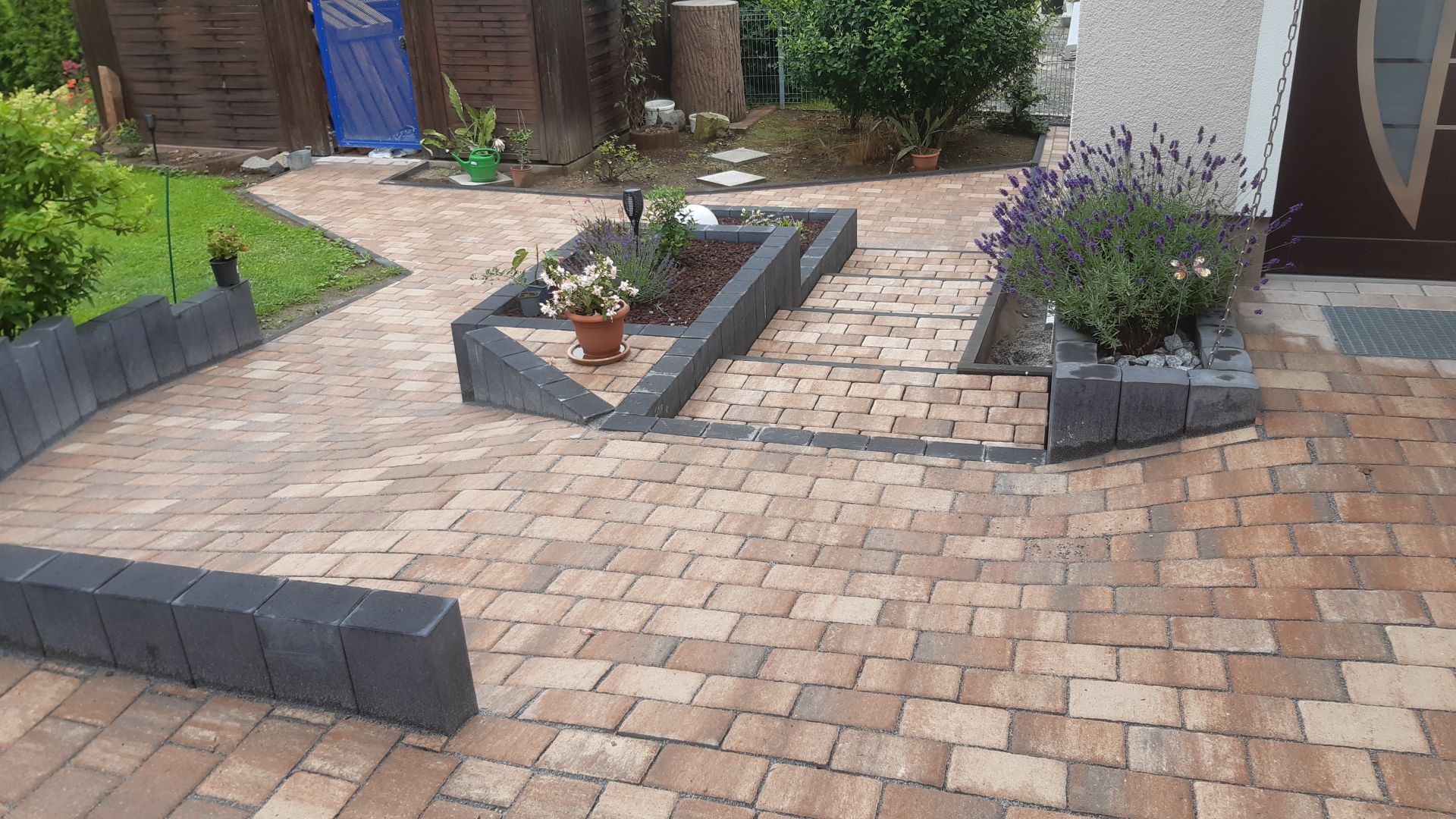 Gepflasterter Gartenweg mit rotbraunen Steinen, grauen Hochbeeten mit Lavendel und anderen Pflanzen, Gartenbau in Bautzen.